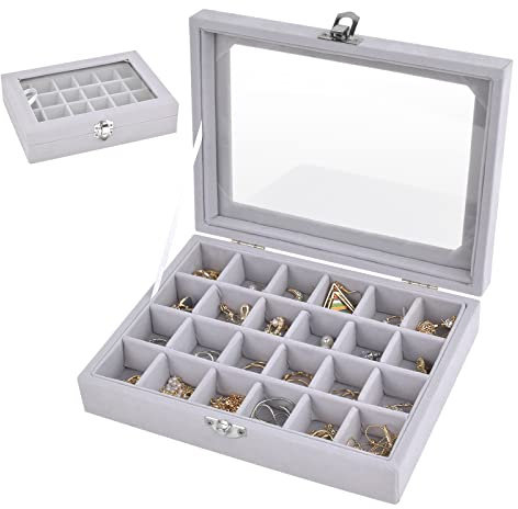 Naapesi Boîte à Bijoux en Velours,Rangement Bijoux et Voyage avec 24 Compartiments et Couvercle en Verre,Coffret à Bijoux pour Bagues, Colliers, Bracelets, Boucles d’Oreilles et Montres - Gris