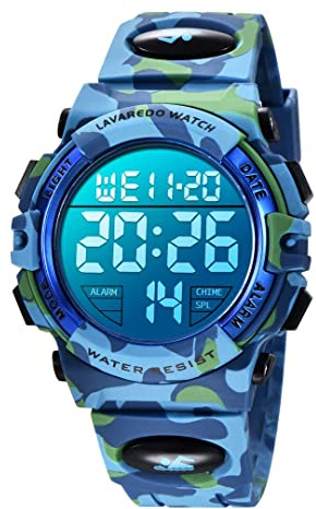 aswan watch Orologio Digitale Bambino con Sveglia, Cronometro, Data, Luce LED-Orologio da polso Ragazzo con Cinturino in Silicone-Blu,S/M