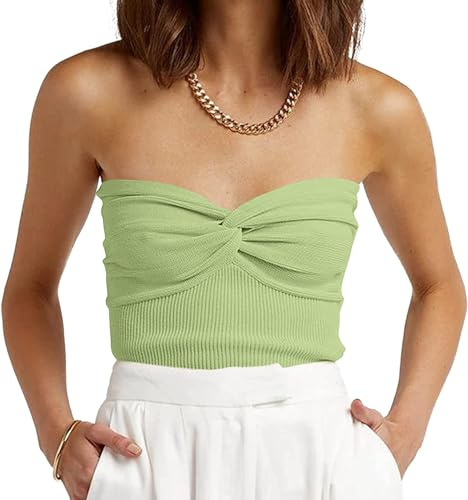 EFAN Womens Tube Tops Summer Sweater Twist Knot Front Knit Bandeau Strapless Ribbed Sleeveless Y2K Corset Crop Top Light Green S