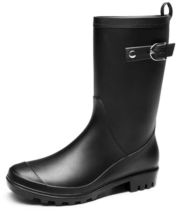 DREAM PAIRS Damen Gummistiefel Hohe Regenstiefel mit verstellbarer Schnalle und niedrigem Absatz,Size 40,Schwarz,SDRB2408W-E