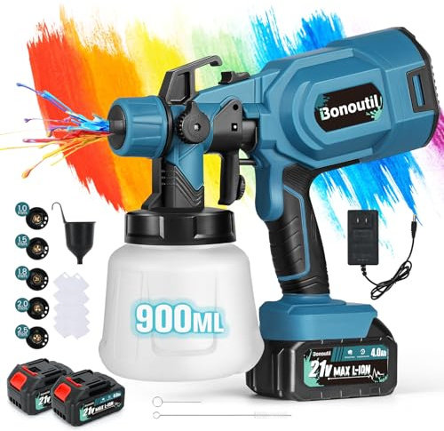 Bonoutil Cordless Paint Sprayer 900ml Cordless Spray Paint Gun 3 Spray Patterns 5 Nozzles Adjustable Flow 21V 4.0Ah Battery Paint Sprayer for House Painting Home Interior Furniture Door (Style A-Blue)