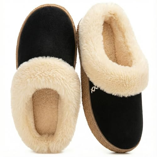 EverFoams Women's Microsuede Slippers Comfy Memory Foam Non-slip Indoor House Shoes with Fuzzy Collar Ink Black, 7-8 UK