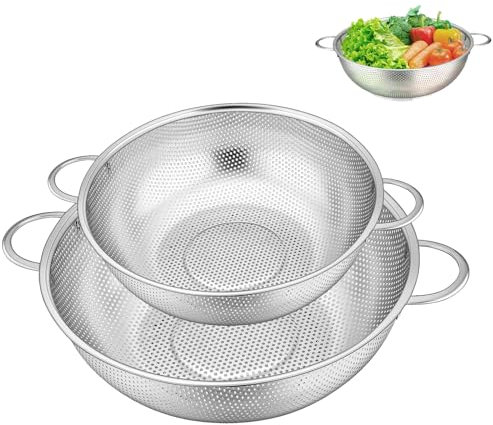 Küchensieb, 2 Stück Sieb, Ø 22cm, 19cm Edelstahl Nudelsieb, mit Verstärktem Griff, Siebkorb über, Für Nudeln Abtropfen, Gemüse und Obst, Reis, Spülmaschinenfest