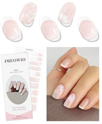 JMEOWIO Gel Nail Stickers French Tip White Flower Semi Cured Gel Nail Strips Wraps UV/LED Nails Art Design Decoration Accessories