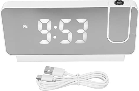 Projection Alarm Clock, 7.3 inch Digital Clock with 180°Projector, USB Charger, Dimmer, Dual Alarm Clock Clear LED Mirror Digital Clock for Bedroom Desk Decor (White)