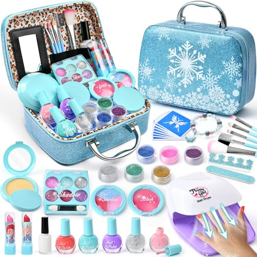 G.C Spielzeug Geschenke für Mädchen 4 5 6 7 8 Jahre, Kinderschminke Set mit Nageltrockner Peel-Off Nagellack Glitzer Tattoo, Schminkkoffer Nagelstudio Rollenspiel Spielzeug Mädchen