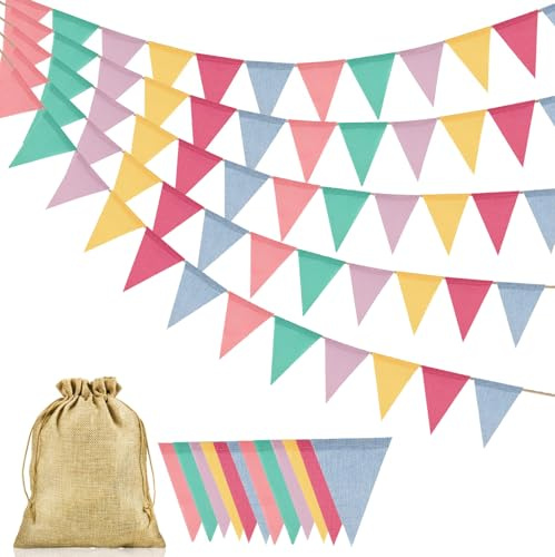 KATLINNA 5 Stück Wimpelkette Outdoor, 20M Mehrfarbig Girlande Geburtstag, Wimpelkette Outdoor Wetterfest mit Kordelzugbeutel für Geburtstag Party Einschulung Karneval Hochzeit Dekoration(60 Flaggen)