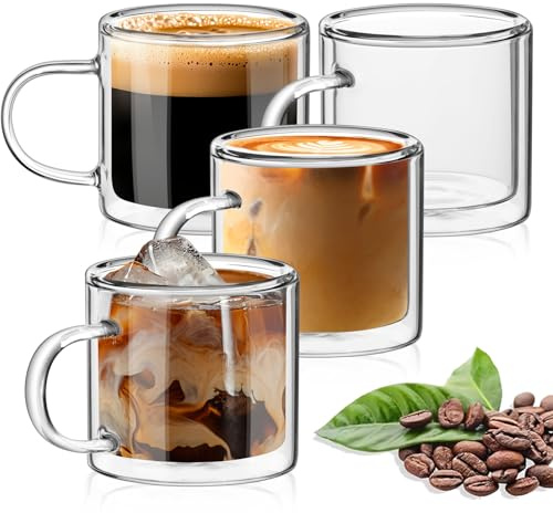 TKNO 4 Pack 280ml Double Walled Glass Tea Cups – Insulated Clear Coffee Mugs with Handles, Borosilicate Espresso & Latte Cup Set, Heat Resistant, Dishwasher Safe