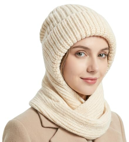 AYPOW Gorro de Punto Invierno Mujer con Bufanda 2 en 1，Prueba de Viento Sombreros de Invierno Cálido, Suave Beanie con Capucha Calentador Cuello Pasamontañas Térmico para Esquí Al Aire Libre