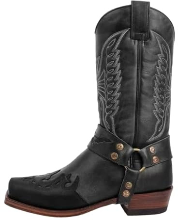Générique Hommes Bottes PU Cuir Équitation Casual Vintage Broderie Bout carré Western Cowboy Biker Bottes Botte Cowboy Homme