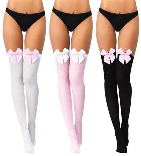Boao 3 Pairs Thigh High Stockings Thigh High Socks with Bow for Women over Knee Lingerie Stockings for Cosplay Daily Wear(Pink,White, Black,XX-Large)