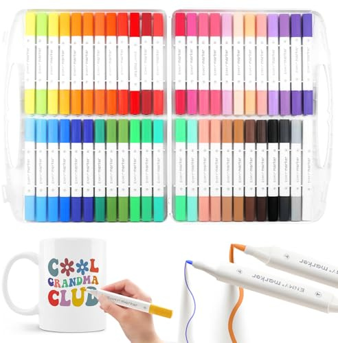 Juego de 48 rotuladores para porcelana con doble punta – 48 colores resistentes al lavavajillas, rotuladores para cerámica y vidrio para pintar tazas, porcelana, madera y metal | Set de pintura de