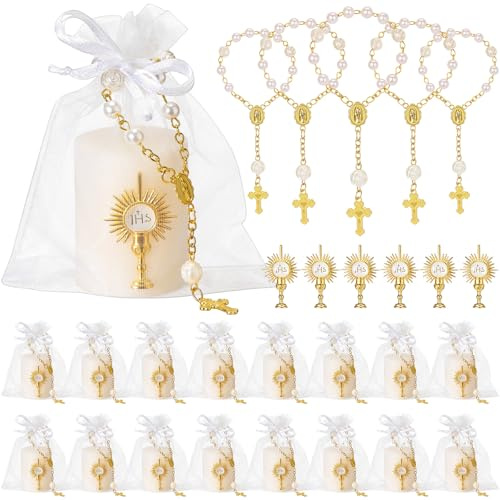 MTLEE 16 Set First Communion Candle Bulk, Catholic Baptism Party Favors for Guests, Mini Rosary White First Holy Communion Candles with Chalice Emblem Organza Bags for Christening Religiosos Gift