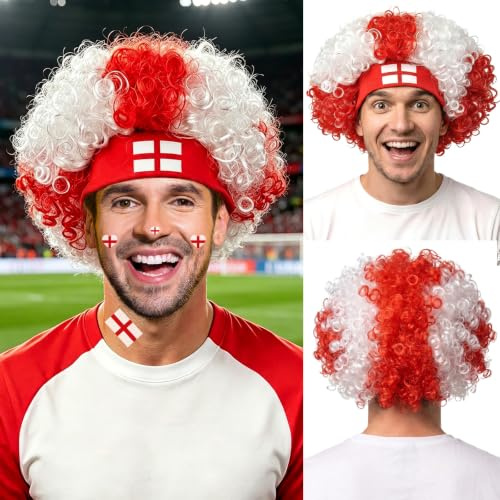 PLULON England fotbollsfans afro pannband peruk solglasögon set, vit röd fest lockig peruk rolig galet hår hejar hårstycke med Englands flagga för familj kvinnor sport värld fotboll fans visar fest