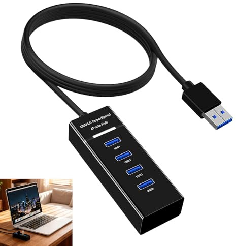 Hub USB 3.0 4 Ports avec Câble 1,2 m, Répartiteur USB 5 Gbps avec Alimentation USB C 5V, Adaptateur Multi USB pour PC Ordinateur Portable Clavier Souris Disque Dur, Extension Haute Vitesse