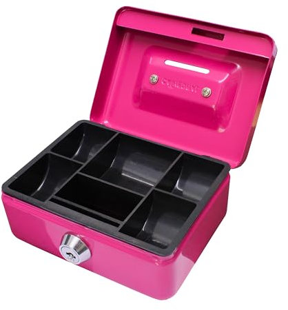 Cathedral Products Key Lockable Cash Box with Coin Slot and Lift Out 6 Compartment Coin Tray - 4 Inch - Pink