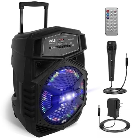 Pyle 12'' Portable Bluetooth Speaker System - 1000W Karaoke Speaker w/ LED Lights, USB/Micro SD/FM/BT/Aux/Remote Control/Mic & Guitar Inputs, Built-in Rechargeable Battery w/ Wheels & Handle Bar