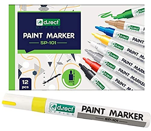 D.RECT SP-101 Lot de 12 marqueurs imperméables pour peinture sur pierres, peinture acrylique, pour enfants, céramique, verre, porcelaine, métal, plastique, bois, toile (pointe moyenne) Jaune