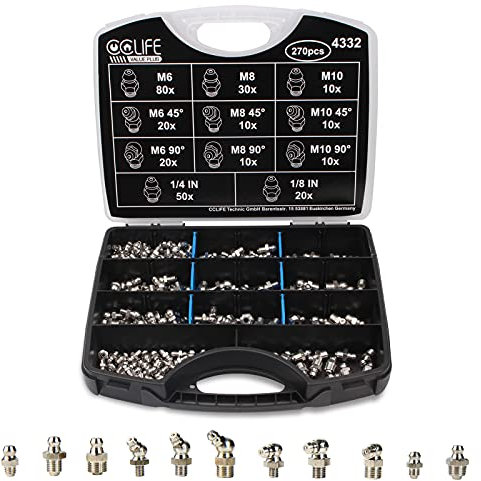 CCLIFE 270tlg Schmiernippel Verzinkt Fettnippel Kegelschmiernippel Sortiment für Fettpress | M6 M8 M10 | Gerade - 45° - 90°