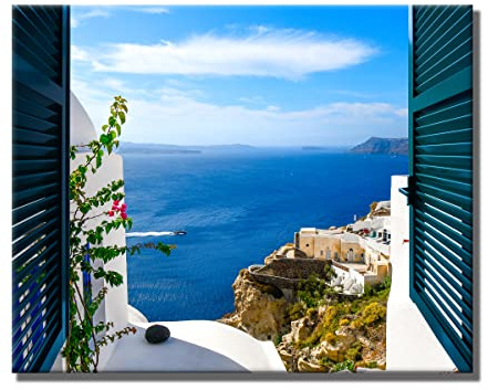 Leinwandbild Window View Santorini Griechenland | Fensterblick | 40 x 50 cm Querformat | Bild auf Leinwand | Insel Meer Aussicht Blumen Berge | Deko | modern elegant | Wohnzimmer Schlafzimmer Küche