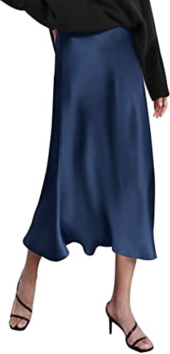 Zeagoo Womens Midi Skirt Satin High Waist Skirt Elegant Silk Skirts Navy Blue