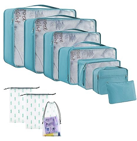 SHAINE 10 Teilige Packing Cubes, Kofferorganizer Packtaschen Set Travel Accessories wasserdichte Reise Koffer Organizer Packwürfel für Rucksack Kosmetiktasche Kleidertaschen Schuhbeutel Hellblau