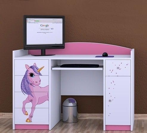 Happy Babies Schreibtisch für Kinderzimmer 125x89x60 weiß Rosa Büro PC-Schreibtisch mit Tastaturablage Computertisch mit Schubladen Muster Einhorn