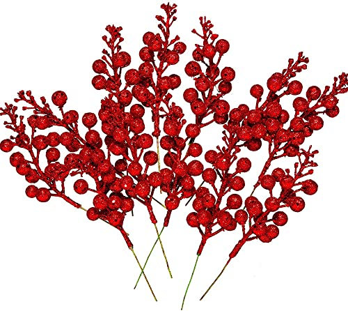12Pcs Christmas Glitter Berries Stems, Artificial Fruit Berry Picks Holly Berry Twig for Xmas Tree Ornament, DIY Craft Christmas Wreath Garland Winter Holiday Decoration (Red)