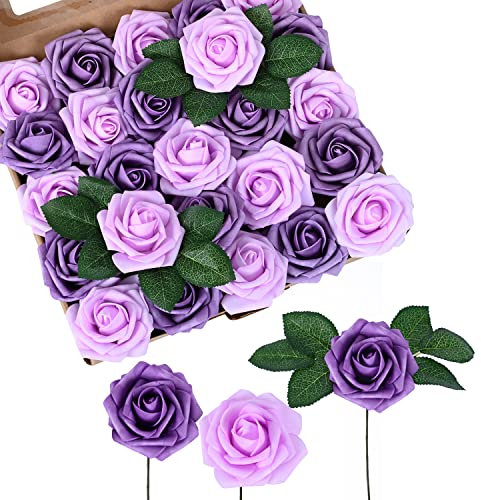 ALEjon Lila Schaumrosen mit Stielen: Künstliche Fliederblumen für selbstgemachte Blumensträuße, Hochzeiten und Heimdekoration – Set mit 25 künstlichen Rosen mit 8 Blättern