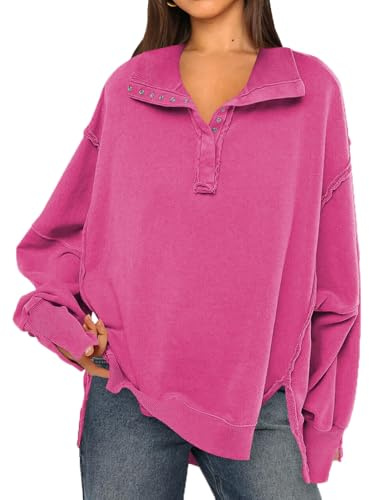 OLIPHEE Sudadera Mujer Patchwork Gran Cuello V con Botones Suéter Vintage Talla Grande sin Capucha Escote Doblado Manga Larga Oversize Casual Sportwear Rosa Oscuro L