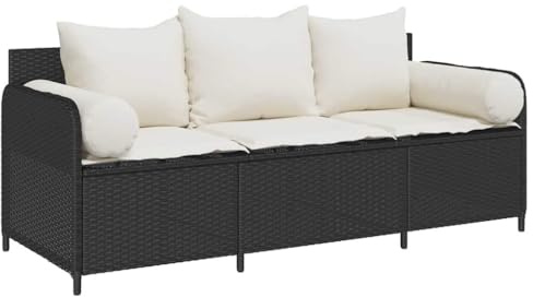 vidaXL Sofá de jardín de 3 plazas con Cojines ratán sintético Negro, sofá de Exterior, Muebles de jardín, Muebles de Patio, Asientos de jardín