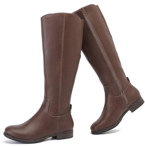 Ruiee Bottes montantes pour femme – Bottes d'équitation élégantes et confortables à bout rond avec fermeture éclair latérale pour l'automne et l'hiver pour femme., Marron PU 909, 40 EU