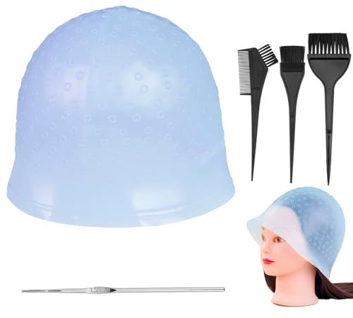Punched Hole Silicone Highlight Hair Cap with Needle Brushes, 5 PCS Highlight Hair Cap Kit, Reusable Professional Salon Silicone Highlighting Frosting Tools for Women Men Professionals