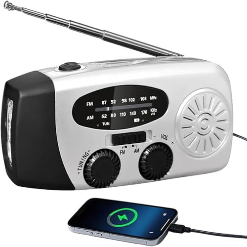 Vtizikl Radio solaire AM/FM/WB - Portable - Avec lampe de poche - Batterie rechargeable de 2000 mAh - Pour chargement de téléphone, camping, extérieur - Argenté
