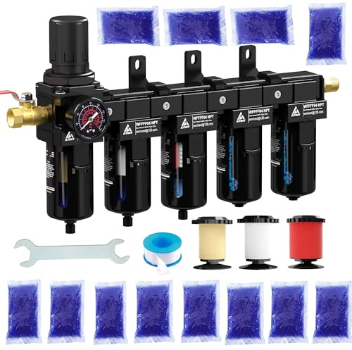 ATINY 1/2'' NPT 5 Stage Air Dryer for Compressor,5 &0.5 &0.01 Micron Filter Cartridge Air Drying System,Double Desiccant Dryers & Air Regulator,Metal Bowl, Semi-Auto Drain,Industrial Grade-Black
