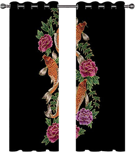 Kinder Gardinen Kinderzimmer Junge Mädchen Blickdicht Schwarze Koi-Pfingstrose 234X230Cm 2Er Set Verdunkelungsvorhang Thermovorhang Hitzeschutz Vorhänge Wohnzimmer Schlafzimmer Vorhänge Mit Ösen