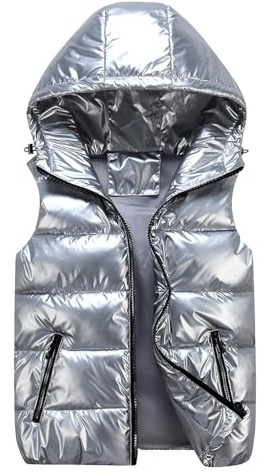 Generisch Chaleco acolchado para mujer, chaleco sin mangas, tallas grandes, chaleco para mujer, chaleco de plumón para exterior, chaqueta de entretiempo, elegante, con capucha, 01 plateado, M