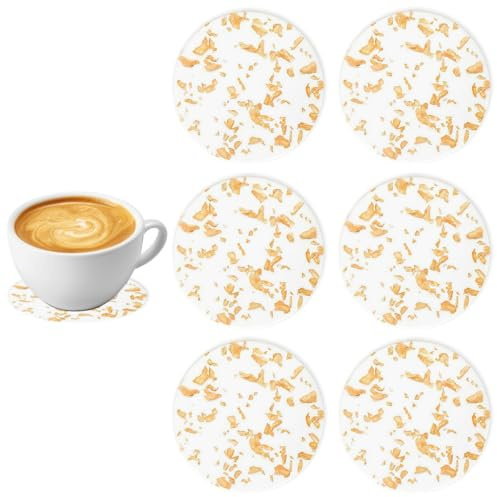 Gold Coasters Set of 6, 9.5cm Round Acrylic Coasters with Gold Foil | Heat Resistant Non Slip Washable for Coffee Mugs, Wine Glasses