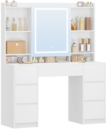 Hzuaneri 108 cm Tocador de Maquillaje Grande, Tocador con Luz LED Ajustable, Espejo, 7 Cajones, 4 Estantes, Almacenamiento Detrás del Espejo, Estilo Moderno, Dormitorio, Blanco DT43203XEU