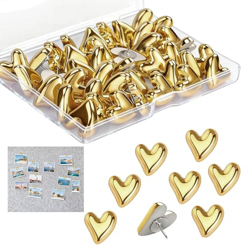 30 PCS Gold Heart Push Pins,Cute Push Pin,Decorative Pins Drawing Pins,Cork Board Pins,Heart Shaped Thumb PushPins for Home,School Office,Photos Wall,Notice Board,Postcards,Maps Fixing