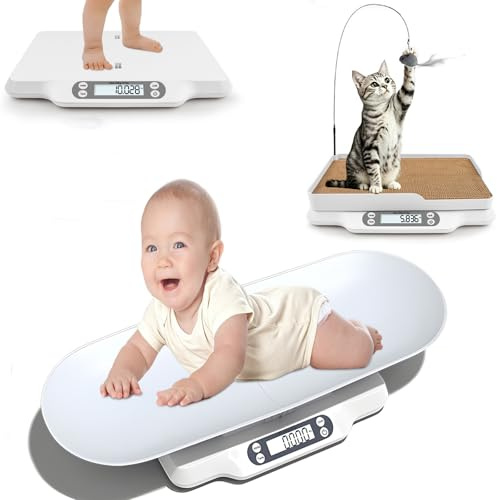 Báscula Digital para Bebés de hasta 30 kg, Báscula Digital para Mascotas con 2 Bandejas Extraíbles, LED Báscula para Mascotas con Función de Tara y Retención, 4 Modos de Pesaje (kg/oz/lb/ml)