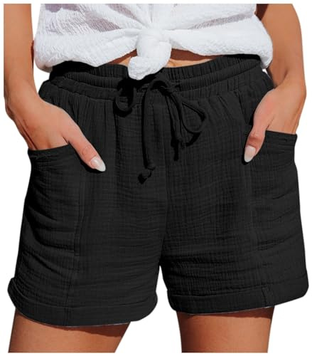Bermuda Femme, Bermuda Short Femme en Lin Et Coton Ete Shorts Pantalon Court De Plage Grande Taille avec Cordon De Serrage Vetement Jogging Leger Chic De Sport Décontracté pour Vacances Noir, S
