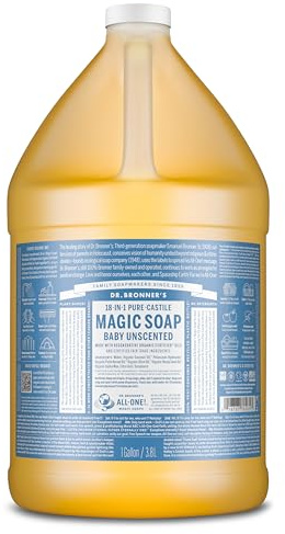Dr Bronner's 18-in-1 Baby Unscented Pure Castile Liquid Soap, Made with Organic Oils, Used for Face, Hair, Babies, Laundry and Dishes, Certified Fair Trade & Vegan Friendly, 3,79L Recycled Bottle