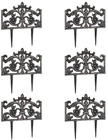 Relaxdays 6er Set Beetzaun Gusseisen, mit Erdspieß, einfaches Stecksystem, Zierzaun, nostalgisch, H x B x T 37 x 36 x 2 cm, Bronze