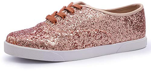 Feversole Women's Featured PU Leather Lace-Up Sneaker,Baskets à Lacets en Cuir PU pour Femme Plaine Or Rose BrillantTaille 39