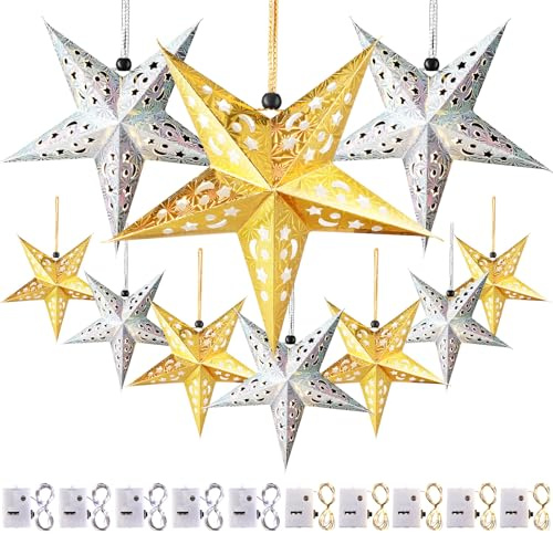 Zhanmai 10 Pcs Large 3D Paper Star Lantern with 10 LED Lights 11.8 Inch 5 Point Hollow Hanging Paper Star Lampshade Decoration Light Lanterns for Wedding Birthday New Year Party Home Decor