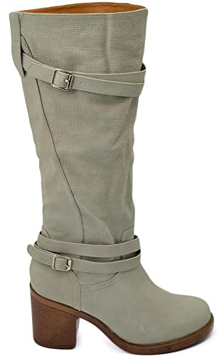 Stivali Donna Grigio Altezza Biker Tinta Unita Traforato al Polpaccio Morbido con Fibbia Gomma Tacco Antiscivolo Moda (38 EU)