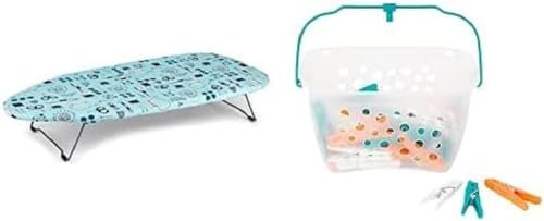Beldray LA023735SEW Table Top & Desk Ironing Board, 73 x 31cm + Beldray LA028297TQ Ultra Grip Rust Resistant Clothes Pegs with Storage Basket for Washing Line