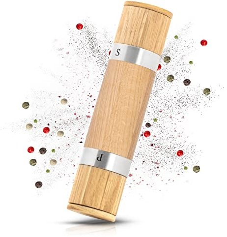EKVALLY HERM II 2in1 Salz und Pfeffermühle – Gewürzmühle aus Eiche mit Keramikmahlwerk – Pfeffer Mühle ohne Inhalt