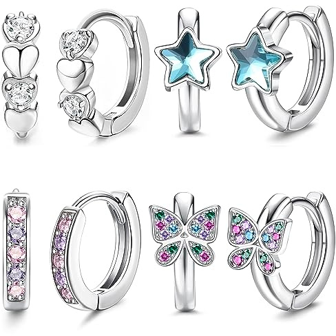 JeweBella 4Paires Petites Boucles d'oreilles Créoles Argent pour Femme Fille Hypoallergénique Rose/Bleu Cœur Étoile Papillon Zirconium Huggie Boucles d'oreilles Créoles Ensemble pour Enfants